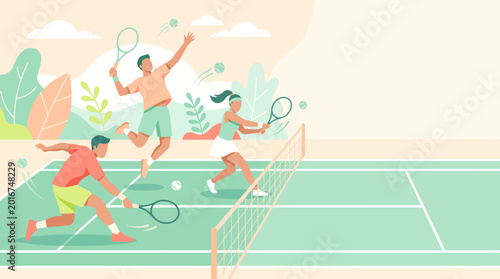Tableau sur toile Vibrant group of people playing tennis on outdoor court joyfully.