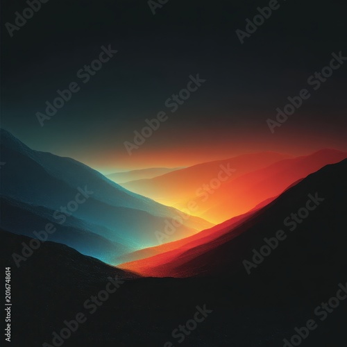 A vibrant, glowing valley nestled between dark mountain ridges, illuminated with radiant hues of blue, orange, and red under a dark sky.