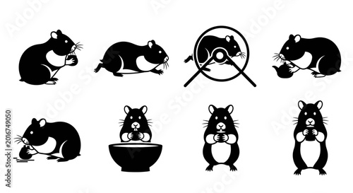 Collection of Black and White Hamster Icons Depicting Various Activities and Poses