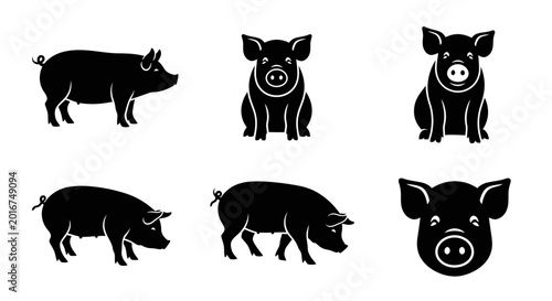 Collection of black pig silhouettes and vector icons. Diverse farm animal illustrations showcasing various swine poses for agricultural themes and design concepts