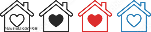 Fotografie Home love house icon set with heart symbol in outline solid and colored styles f