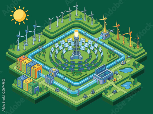 Fotografi This detailed illustration depicts a sustainable energy landscape with various renewable sources, showcasing technology-driven solutions for a greener future