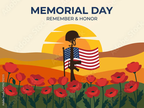 Fotografia An evocative illustration for Memorial Day, featuring a soldier's helmet and flag amidst poppies, honoring sacrifices made and celebrating resilience and patriotism