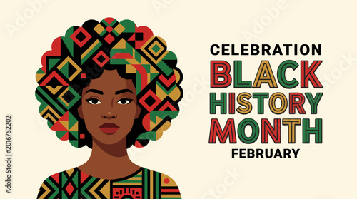 Foto This powerful image celebrates Black History Month, showcasing a strong figure adorned with vibrant patterns that honor cultural heritage and the ongoing journey for equality and justice