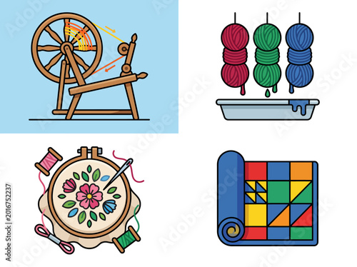 Canvas Print A delightful arrangement highlights crafting tools, including a spinning wheel and yarn, celebrating textile artistry and the joy of handmade creations in a vibrant manner
