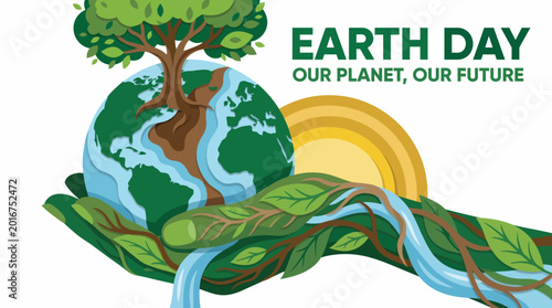 Tableau sur toile An artistic portrayal for Earth Day, featuring the Earth sustained by hands and a tree, symbolizing environmental conservation and our responsibility for nature