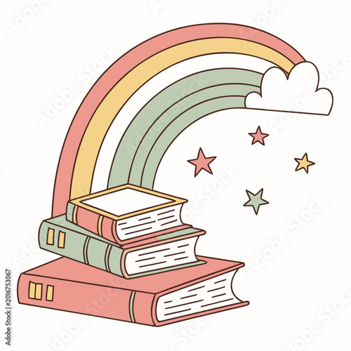 Illustration of books stacked under rainbow and stars.
