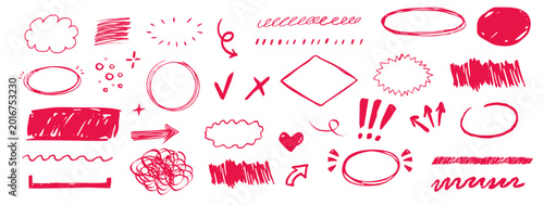 Highlight crayon scribble red crayon hand drawn round rough elements, borders, underlines. Freehand ovals, arrows, scribbles doodle. Chalk pencil ellipse frames, 