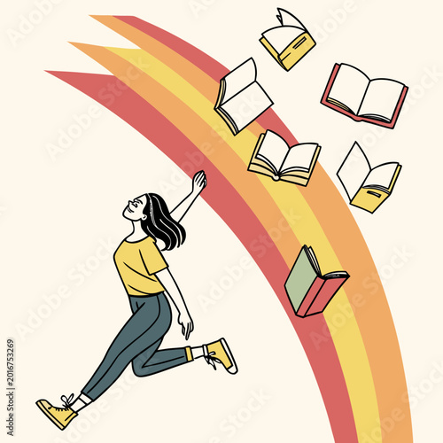 Woman jumping towards books flying over rainbow arc.