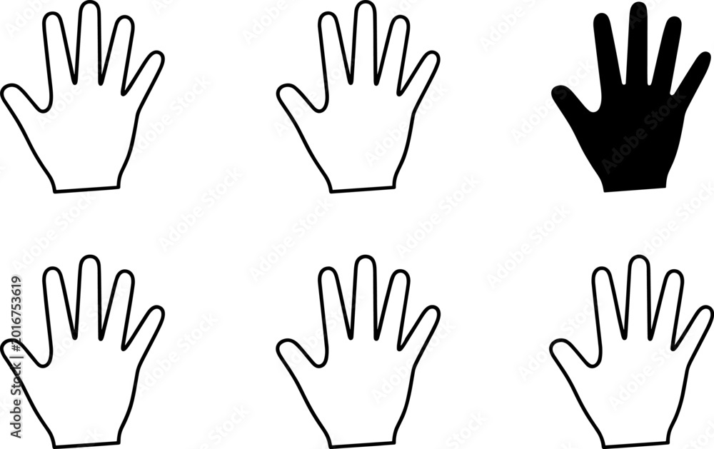 Fototapeta premium Hand gesture icon set featuring open palm symbols in outline and solid styles for communication and sign design
