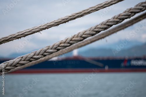 Фотография Taut Mooring Ropes with Cargo Ship Background