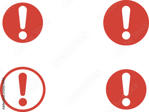 Warning exclamation mark icon set featuring red alert symbols in circular shapes for safety notification and attention design