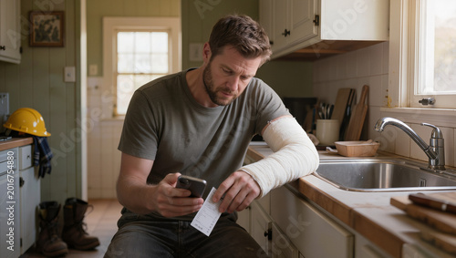 Injured blue-collar worker reviewing medical bills and smartphone messages in a kitchen after a workplace accident