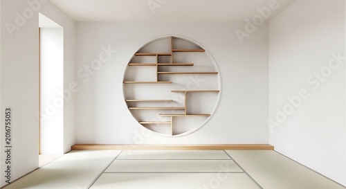 Empty square room with Circle shelf wall design on empty Living room japanese deisgn with tatami mat floor
