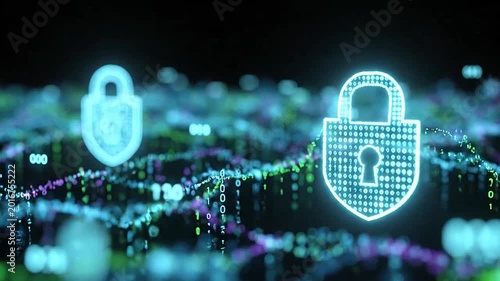 Digital security locks floating above a glowing abstract data network background