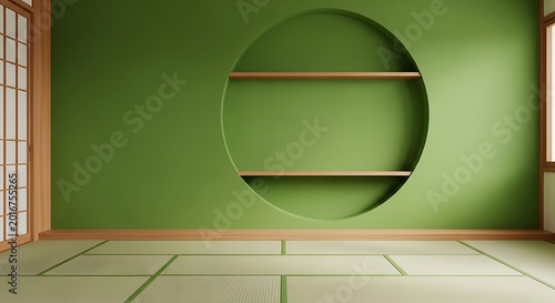 Empty square room with Circle shelf wall design, green empty room japanese deisgn, tatami mat floor.
