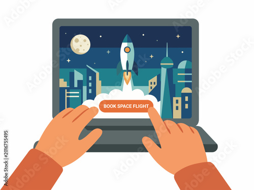 Obraz na płótnie A creative depiction of a laptop screen showing a futuristic space flight booking interface with a rocket taking off against a night cityscape backdrop