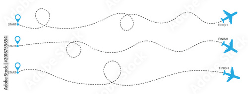 The flight path of the aircraft from the point of location along the dotted line. Aircraft tracking, planes, travel, map pins, location pins .start point line trace and plane routes.