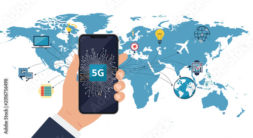Hand holding a 5G smartphone over a world map with various connectivity icons representing global communication tech.