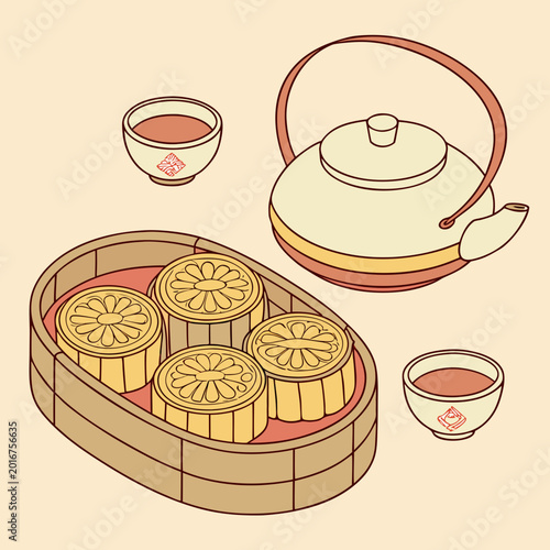 Fotografía Mooncake basket with teapot and two cups tea scene.