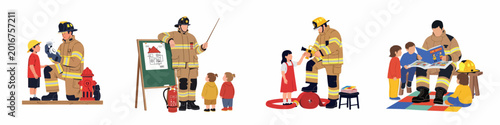 Obraz na plátne Vector illustration set showing firefighters educating children about fire safety, equipment, and prevention through interactive lessons, reading, and demonstrations