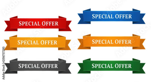 Set of colorful ribbon banners with special offer text isolated on transparent background