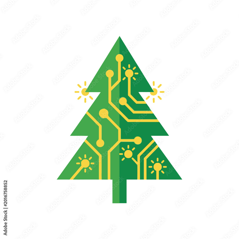 Obraz premium Smart christmas tree with circuit branches, tech holiday symbol, winter celebration design, new year banner, festive decoration asset, vector illustration