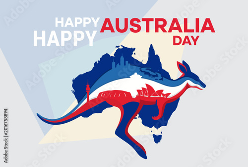 Foto This striking Australia Day illustration features a kangaroo and iconic landmarks, celebrating the vibrant spirit of Australia with bold colors and dynamic design