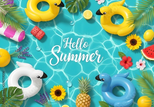 Summer fun with inflatable rings and tropical fruits on water