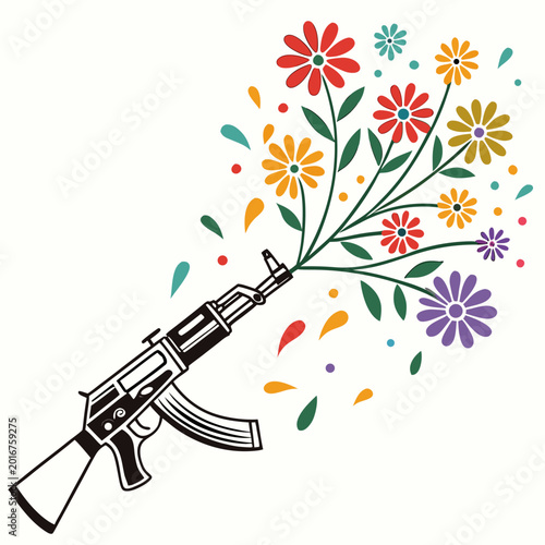 Foto Vibrant flowers erupting from muzzle of an assault.