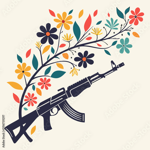 Valokuva Artistic illustration of rifle entwined by flowers.