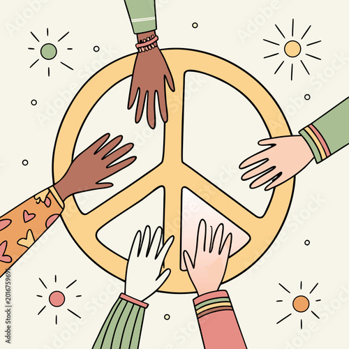 Fotografia diverse hands holding peace symbol representing unity.