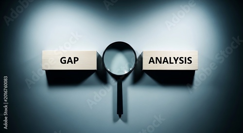 Gap Analysis business concept with magnifying glass, wooden blocks on blue background, strategic planning and corporate research evaluation
