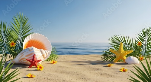 Tropical beach scene with seashells starfish and palm leaves on sandy shore