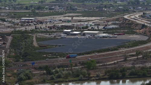 Aerial of solar farm in Grand Junction Colorado along Interstate 70