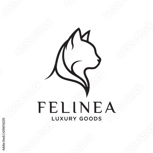 Minimalist cat head logo vector, elegant feline profile line art for luxury goods branding, black and white pet silhouette icon