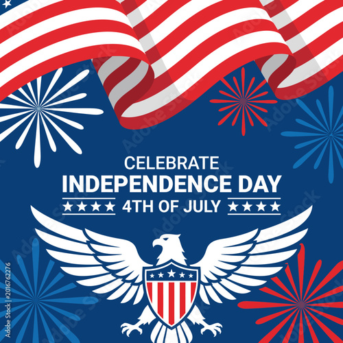 Schilderij op canvas This image symbolizes Independence Day celebrations in the USA with patriotic elements including flags, fireworks, and an eagle representing freedom and national pride