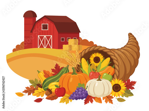 Schilderij op canvas This vibrant harvest scene showcases a red barn amidst a plethora of autumn produce, embodying the spirit of fall and Thanksgiving celebrations with warm colors