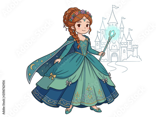 Bild auf Leinwand An enchanting illustration of a princess in a beautiful gown, complete with a magical wand and a castle backdrop, representing fairy tale dreams and imagination