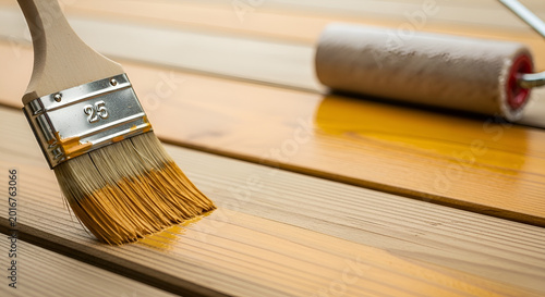 Quadro su tela Wood staining with paintbrush and roller on wooden planks - home improvement pro