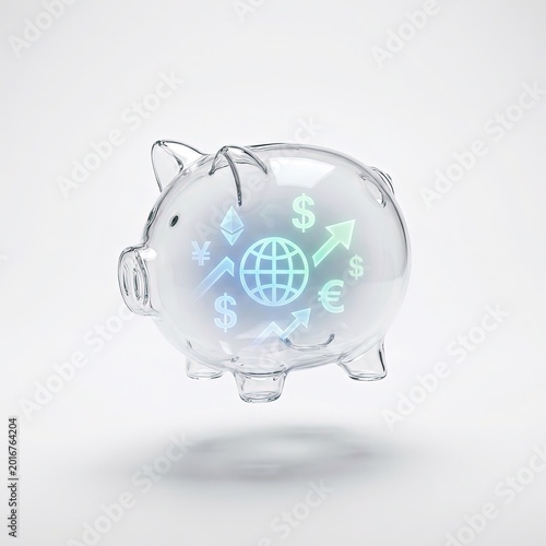 Transparent piggy bank illustrating global financial growth, diverse currency investments, and digital economy savings strategies for modern wealth accumulation