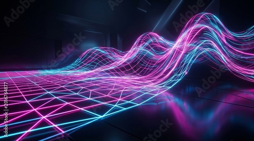 Futuristic neon grid with flowing waves of pink and blue light