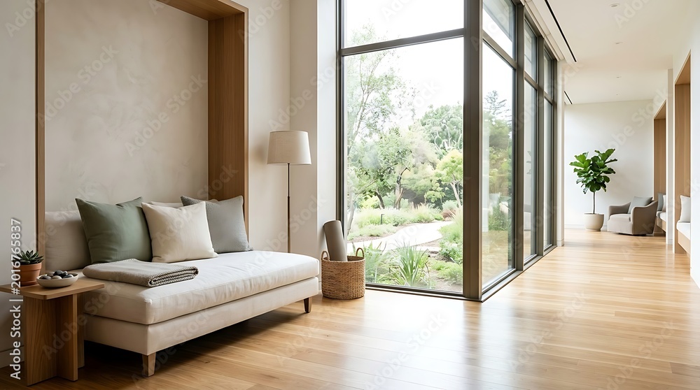 Fototapeta premium Serene modern living room with large window overlooking a lush garden and a comfortable daybed, natural light and minimalist decor