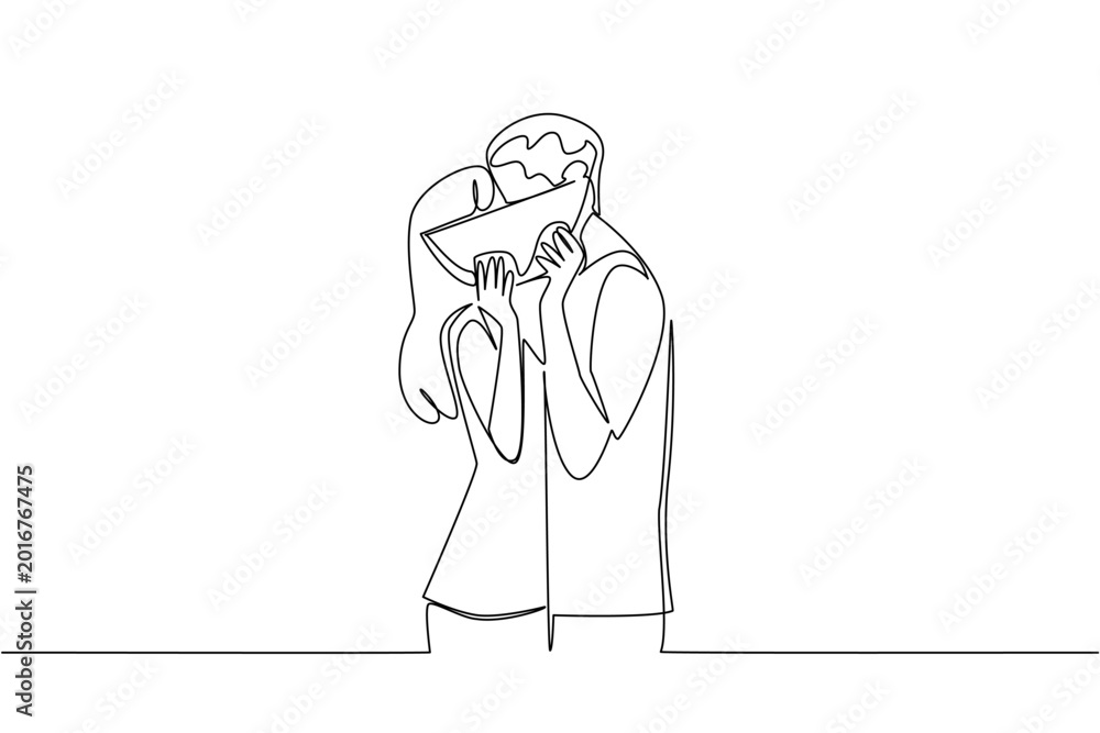 Obraz premium Amazing one line drawing portrays a handsome young man and a beauty female woman hiding a sweet kiss behind a watermelon slice. A summer romance concept totally suits a summer festival poster art.