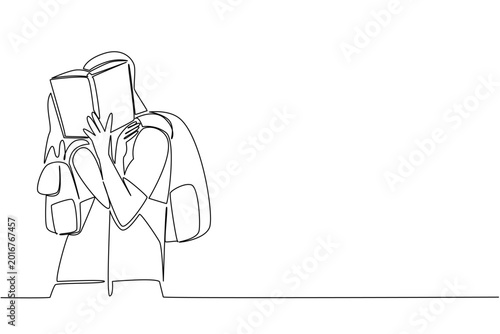 Lovely one line drawing illustrates a handsome young man and a beauty female woman hiding a kiss behind a large book. A sweet student romance concept brilliantly fits a teen novel cover template.