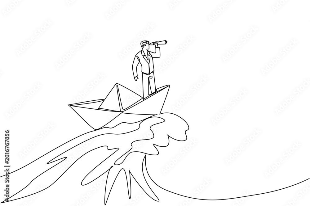 Obraz premium One line drawing portraying handsome young businessman standing on paper boat navigating large ocean waves using telescope. Delivers visionary business concept for startup company strategy book cover
