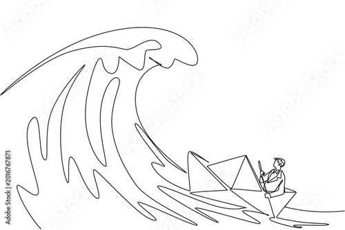 Fotografie Single line drawing showing a young male businessman paddling a paper ship chasing inside a giant wave