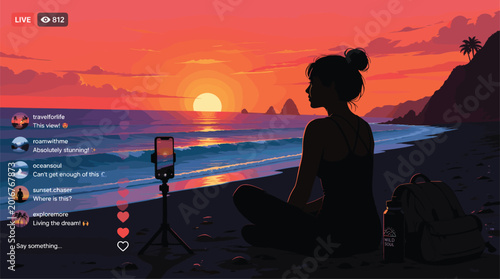 Woman Live Streaming Sunset Beach Meditation, Influencer Content Creation
