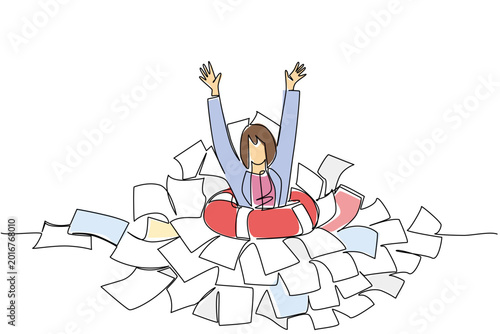 Photography One line drawing portraying a beauty female woman sinking inside a huge pile of papers with a lifesaver
