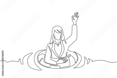 Bilde på lerret One line drawing displaying desperate businesswoman beauty sinking into deep ocean water inside lifebuoy asking for help